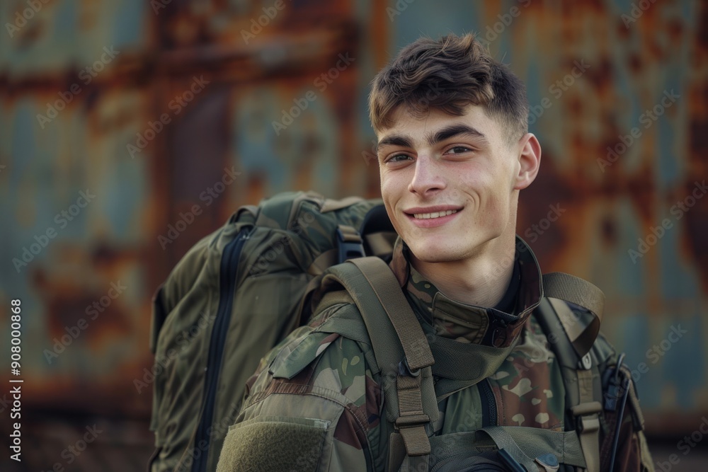 Young male Soldier. A young man soldier with a radiant smile, wearing a military uniform and backpack Young male Soldier. A young man soldier with a radiant smile, wearing a military uniform and backpack