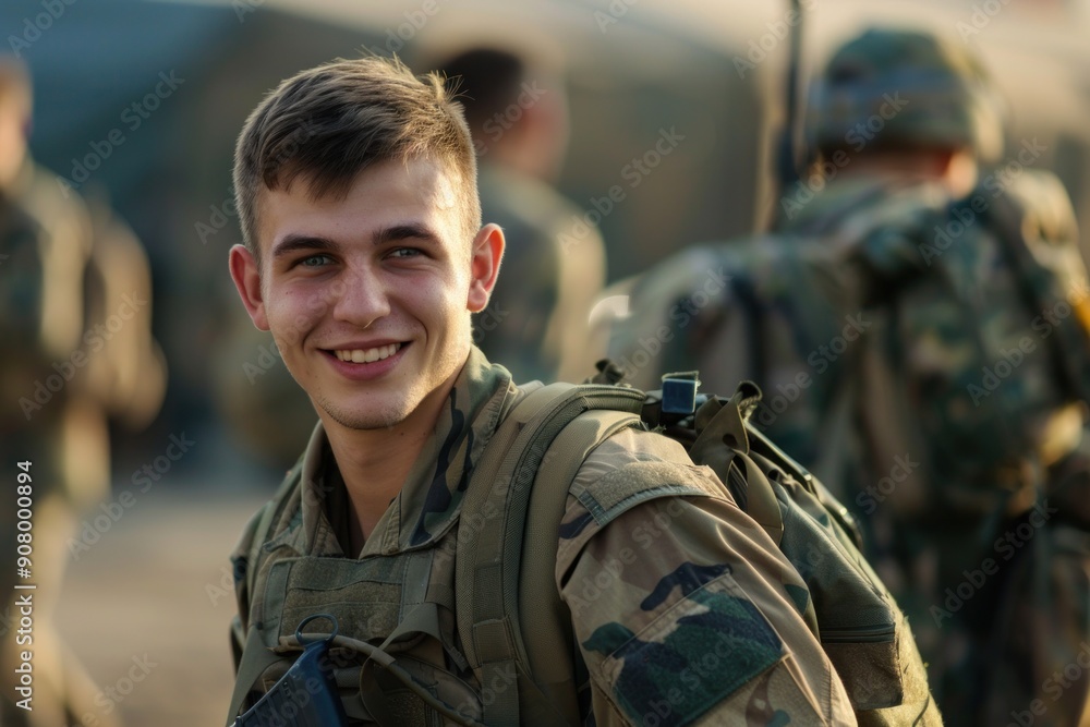 Young male Soldier. A young man soldier with a radiant smile, wearing a military uniform and backpack Young male Soldier. A young man soldier with a radiant smile, wearing a military uniform and backpack