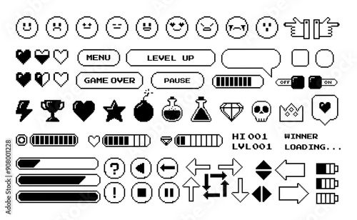 Game 8-bit pixel elements. Retro arcade games icons. Digital console menu, life bars, button, levels, arrows and life bars. 90s game symbols heart, star and lightning, energy lettering. Vector set.
