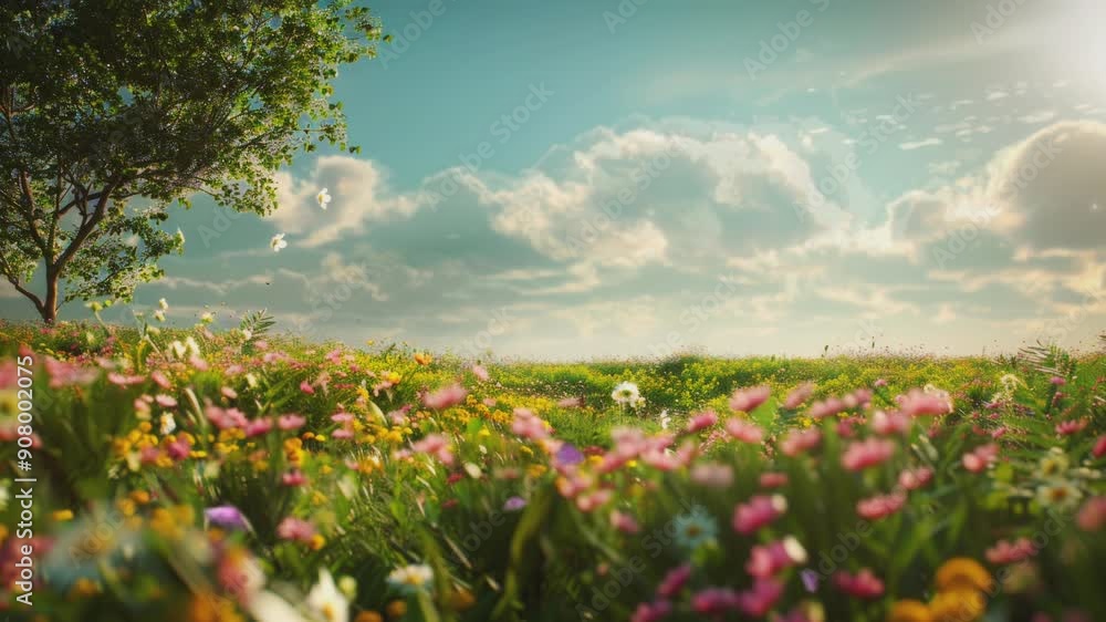 A vibrant summer meadow with wildflowers, a lone tree, and a bright blue sky. A vibrant summer meadow with wildflowers, a lone tree, and a bright blue sky.