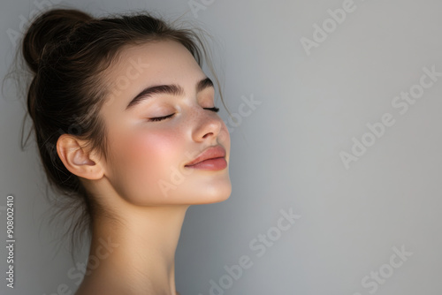 A close up of a girl's face with her eyes closed