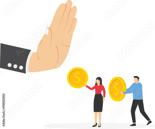 Anti corruption scene with illegal bribe money transfer. Businessman hand refuse to take illegal money banknotes. Flat vector illustration

