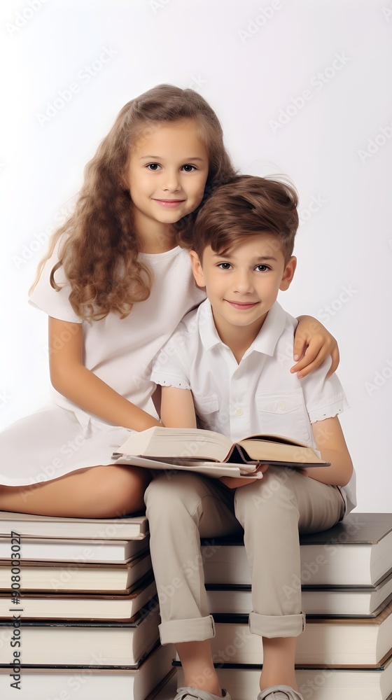 Happy Smiling Children Reading Books With Copyspace on White Background. Knowledge, Ideas Concept Happy Smiling Children Reading Books With Copyspace on White Background. Knowledge, Ideas Concept