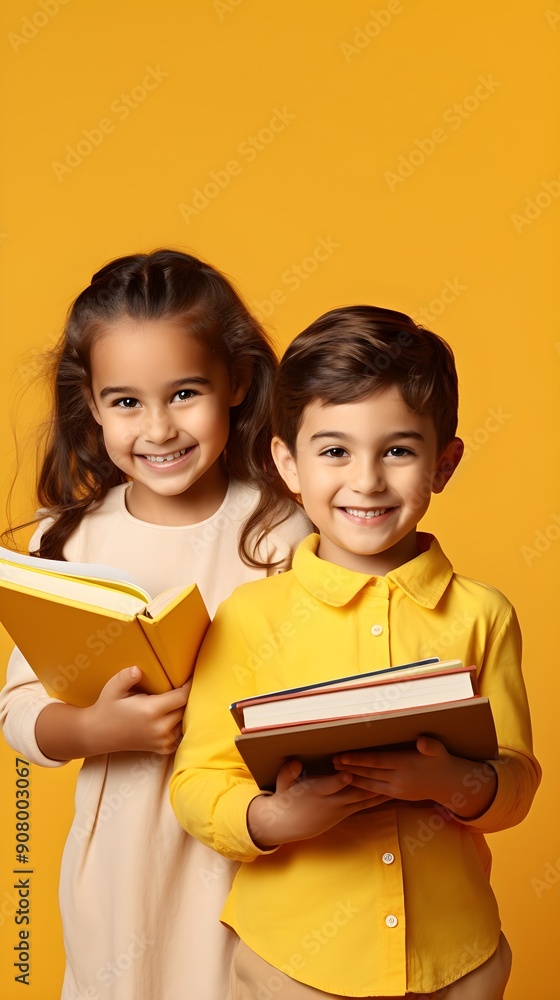 Happy Smiling Children Reading Books With Copyspace on Yellow Background. Knowledge, Ideas Concept Happy Smiling Children Reading Books With Copyspace on Yellow Background. Knowledge, Ideas Concept