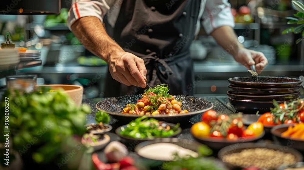 chef plating a gourmet dish in a high-end restaurant kitchen, with various fresh ingredients and spices around the workstation chef plating a gourmet dish in a high-end restaurant kitchen, with various fresh ingredients and spices around the workstation