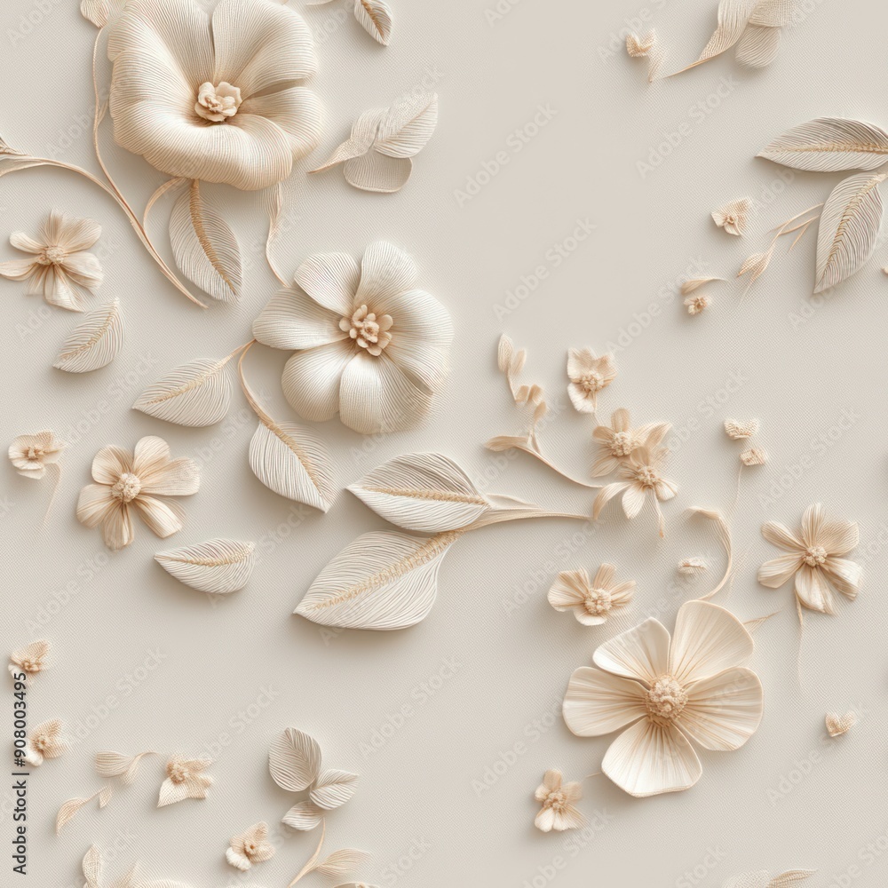 Surreal 3D Embroidery of Abstract Flowers and Leaves on Light Background - Modern Elegant Design with Super Detail, Generative Ai Surreal 3D Embroidery of Abstract Flowers and Leaves on Light Background - Modern Elegant Design with Super Detail, Generative Ai
