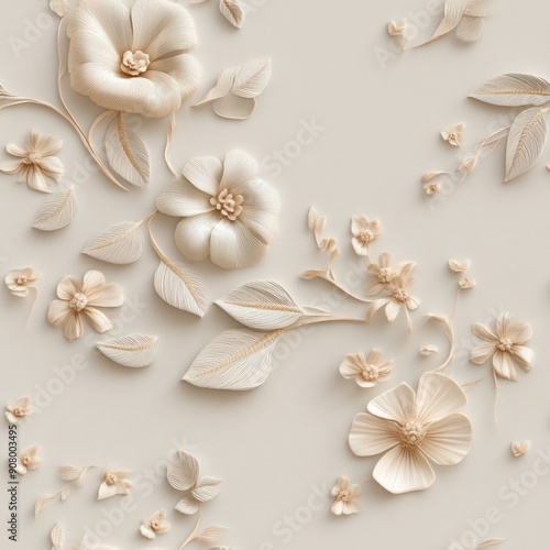 Surreal 3D Embroidery of Abstract Flowers and Leaves on Light Background - Modern Elegant Design with Super Detail, Generative Ai