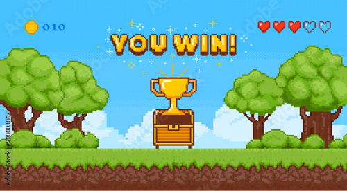 Pixel game art scene with chest. Retro 8 bit win background. Arcade interface with open chest, treasure, cup and stars. Computer game victory. Vector video computer banner.