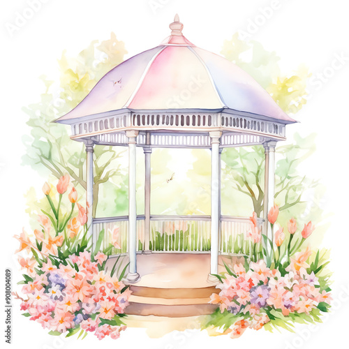 Beautiful watercolor illustration of a garden gazebo surrounded by colorful flowers and vibrant greenery in a peaceful setting.