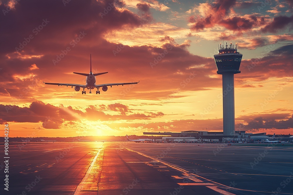Airplane landing at sunset near airport control tower Airplane landing at sunset near airport control tower