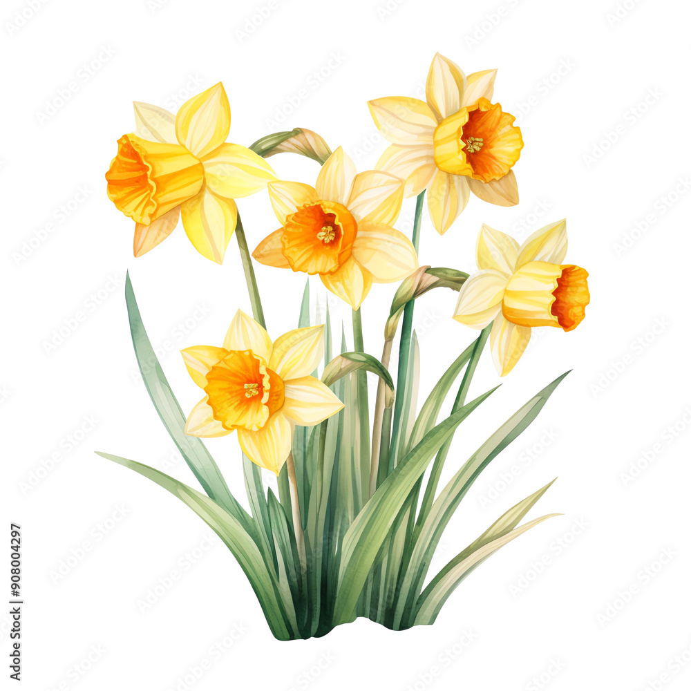 Beautiful yellow daffodils in full bloom, showcasing their vibrant colors and delicate petals against a white background. Beautiful yellow daffodils in full bloom, showcasing their vibrant colors and delicate petals against a white background.