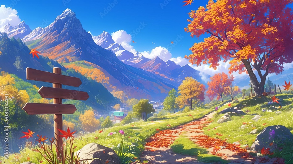 Autumn Mountain Trail An anime scene depicting an outdoor trail winding ...