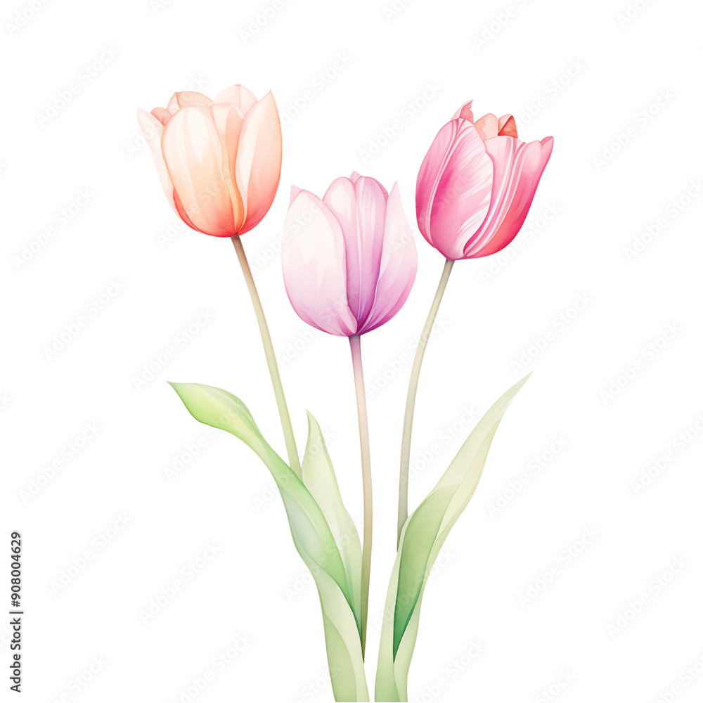 Elegant watercolor illustration of three vibrant tulips in full bloom, showcasing beautiful pink and peach hues with lush green leaves. Elegant watercolor illustration of three vibrant tulips in full bloom, showcasing beautiful pink and peach hues with lush green leaves.