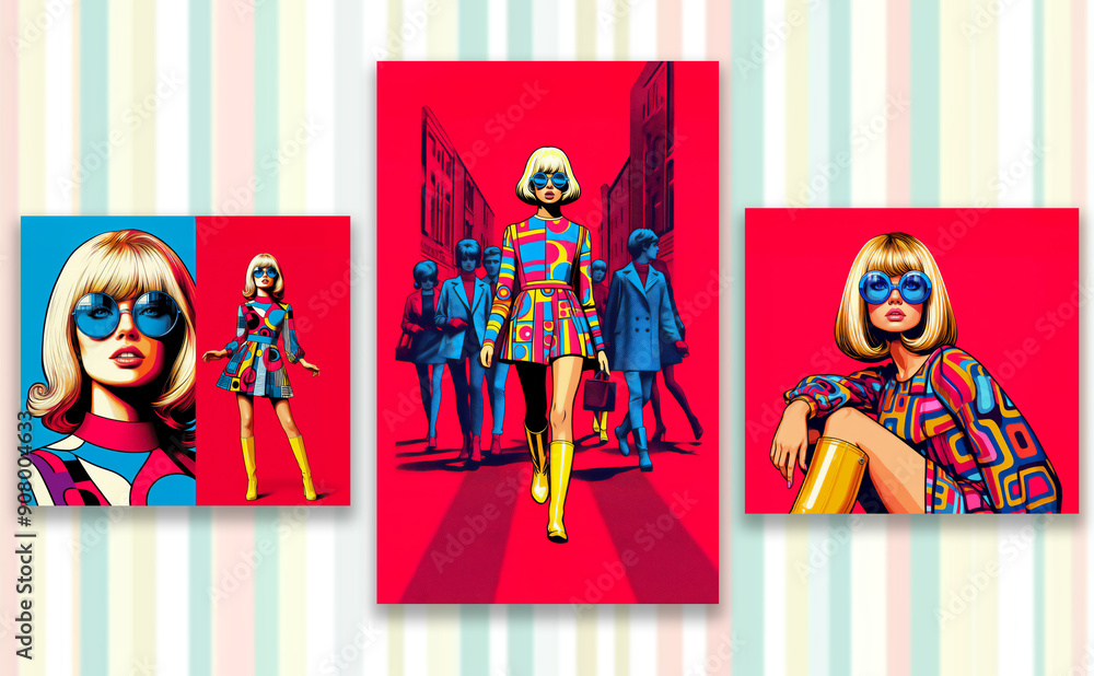 illustration stylish Swinging 60s IT girl with blonde hair , oversized ...