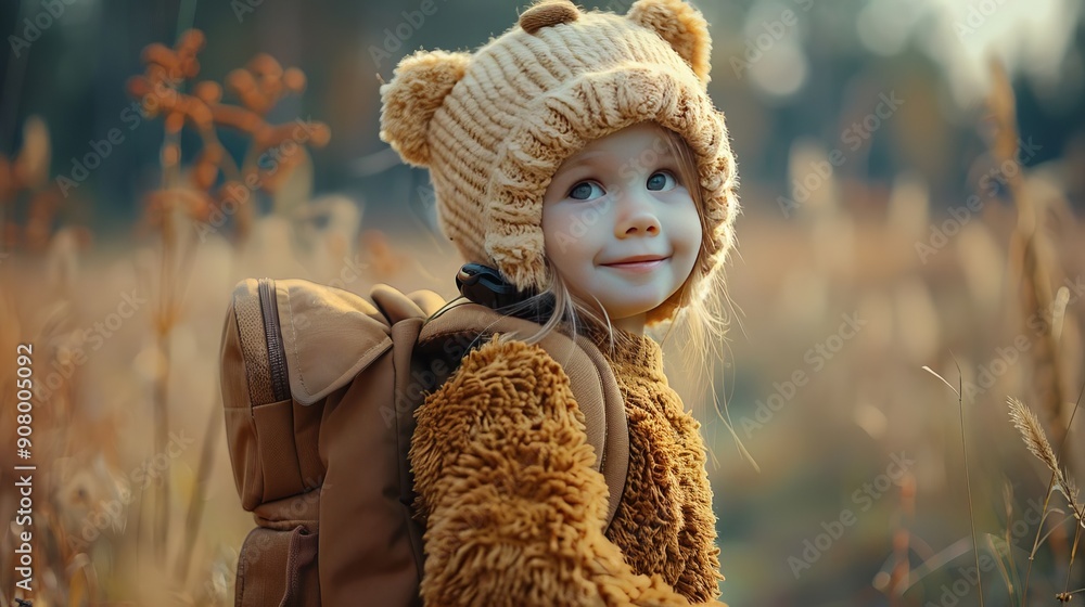Girl With Knitted Sweater Smiles Carries Cute Teddy Bear Backpack Girl With Knitted Sweater Smiles Carries Cute Teddy Bear Backpack