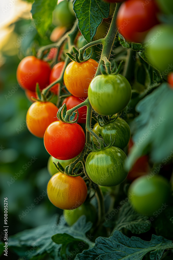 Bunch of ripening tomatoes on a bush, farming concept and tomato harvesting season Bunch of ripening tomatoes on a bush, farming concept and tomato harvesting season