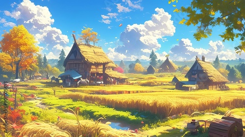 Autumn Harvest Village An idyllic anime scene of a small village during the autumn harvest The village is surrounded by fields of golden crops ready for harvest, 