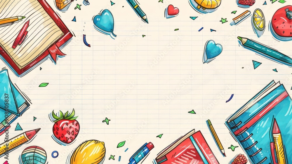 a drawing of a notebook with school supplies around it a drawing of a notebook with school supplies around it