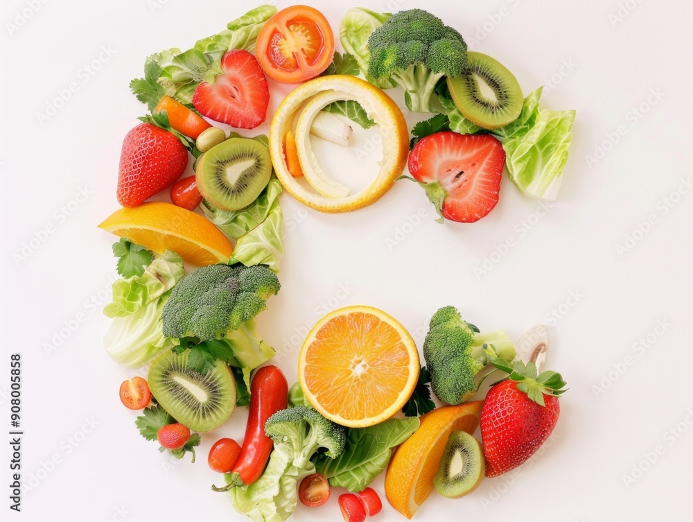 Medium shot of products 'citrus fruits (oranges, lemons), strawberries, kiwi, broccoli, peppers, cabbage' form a letter 'C', themed background, Medium shot of products 'citrus fruits (oranges, lemons), strawberries, kiwi, broccoli, peppers, cabbage' form a letter 'C', themed background,