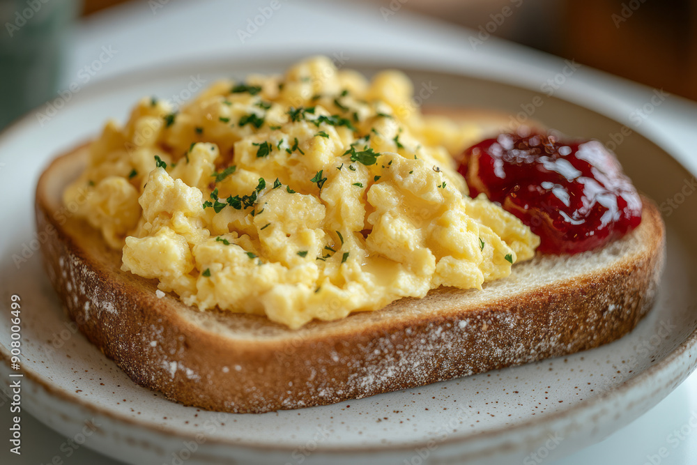 Clean and simple image of scrambled eggs with a side of toast and jam, on a bright white table, Clean and simple image of scrambled eggs with a side of toast and jam, on a bright white table,