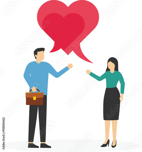Boyfriend and girlfriend speak through megaphone with love heart shape. lover couple telling I love you. Flat vector illustration.

