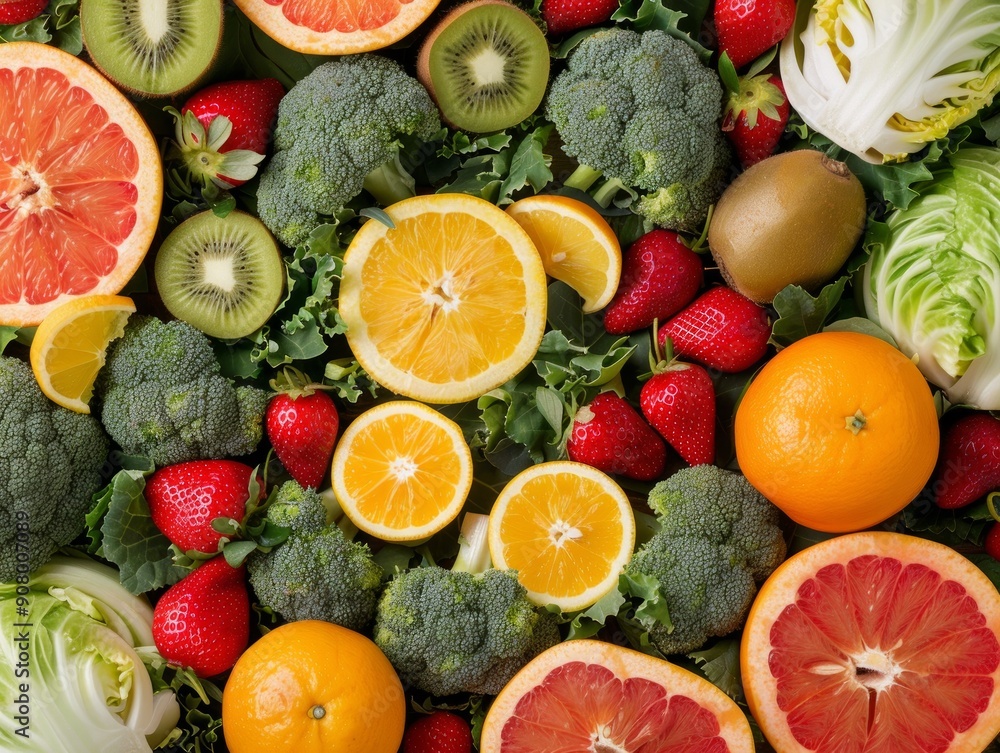 Medium shot of products 'citrus fruits (oranges, lemons), strawberries, kiwi, broccoli, peppers, cabbage' form a letter 'C', themed background, Medium shot of products 'citrus fruits (oranges, lemons), strawberries, kiwi, broccoli, peppers, cabbage' form a letter 'C', themed background,