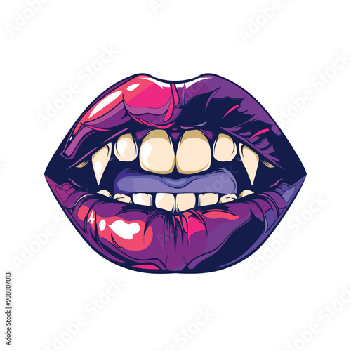 Wallpaper Mural Scenario 1 Closeup colorful lips vampire fangs, biting lower lip, isolated white background, comicstyle, scary smile. Scenario 2 Vibrant lips, sharp teeth, vampire bite, Halloween themed Torontodigital.ca