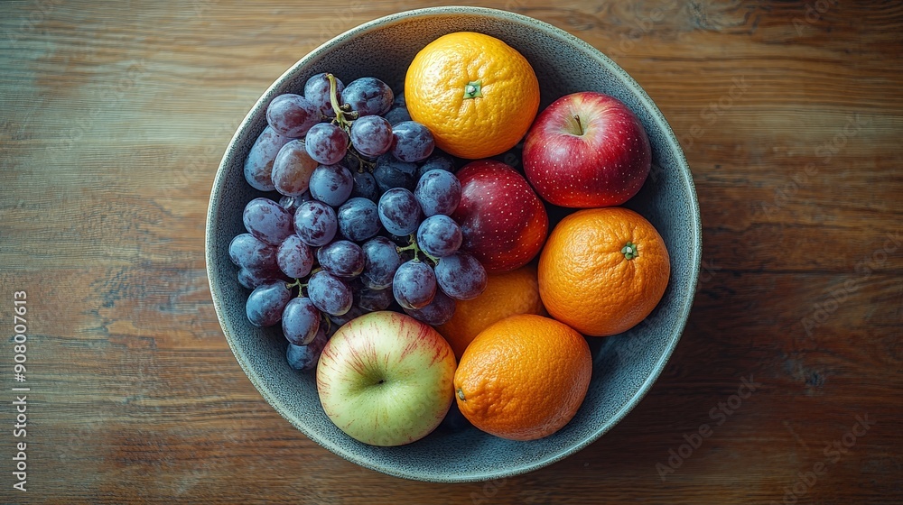 Fresh and Colorful Fruit Bowl Flat Lay on Wooden Table with Natural Light Fresh and Colorful Fruit Bowl Flat Lay on Wooden Table with Natural Light