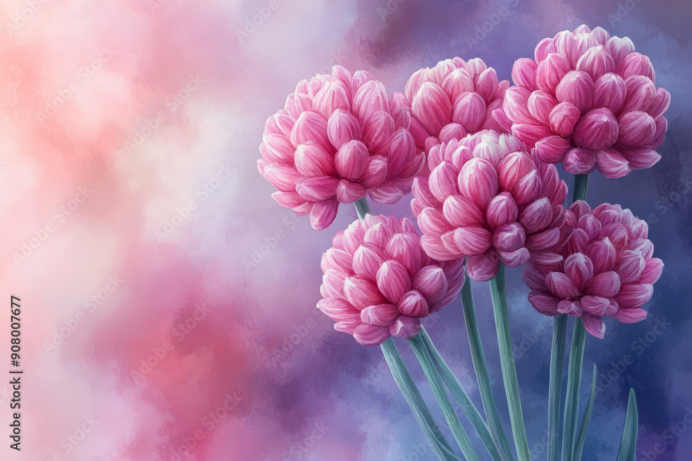 Elegant watercolor painting of blooming onion flowers with soft, pastel colors, Elegant watercolor painting of blooming onion flowers with soft, pastel colors,