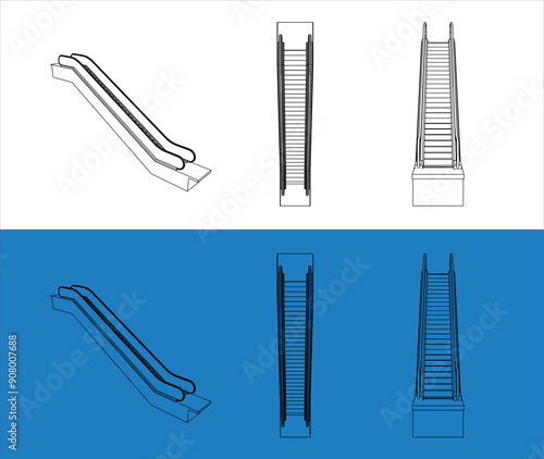 escalator isometric line drawing wireframe blueprint 3d  set vector  