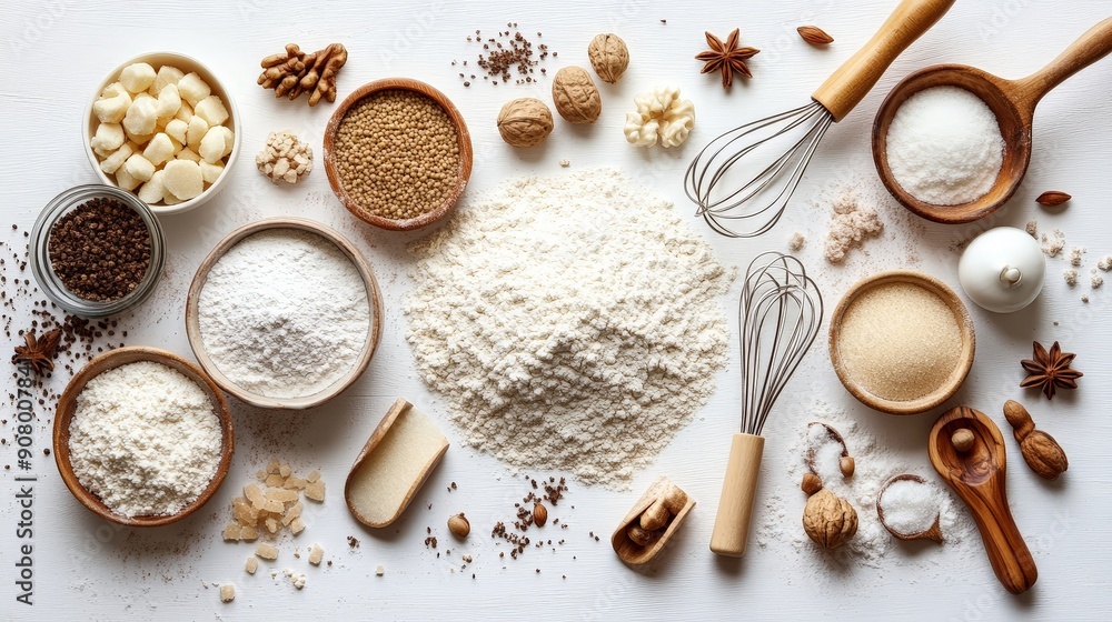 Baking Essentials Flat Lay - Flour, Sugar, Whisk on White Background for Cooking and Culinary Concept Baking Essentials Flat Lay - Flour, Sugar, Whisk on White Background for Cooking and Culinary Concept