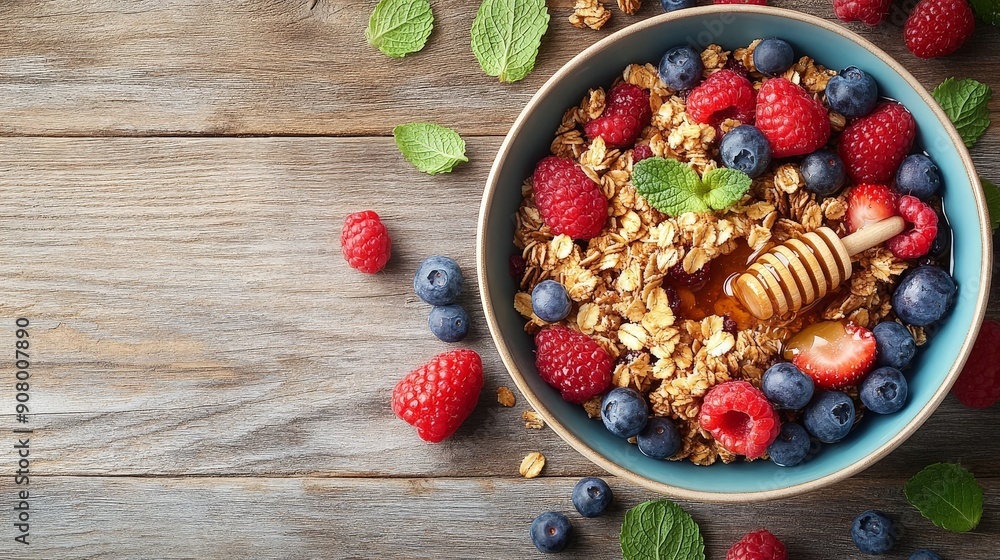 Vibrant Breakfast Flat Lay with Granola, Fresh Berries, and Honey on Wooden Table under Natural Light Vibrant Breakfast Flat Lay with Granola, Fresh Berries, and Honey on Wooden Table under Natural Light