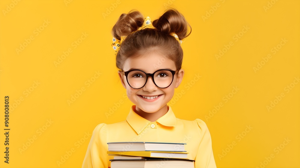 Young Girl With Glasses Holding Stack of Books on Yellow Background. Education, Reading, Knowledge Young Girl With Glasses Holding Stack of Books on Yellow Background. Education, Reading, Knowledge