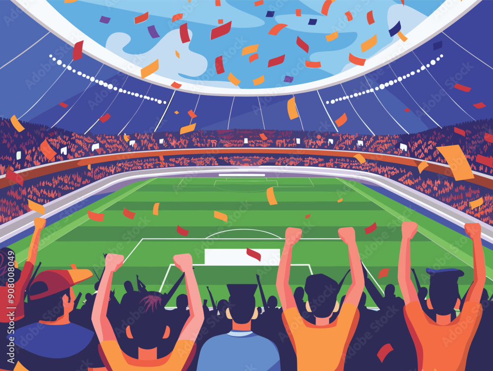 Crowd celebrating goal soccer stadium confetti flying fans cheering game win. Multiethnic group men women excited bright orange blue clothing standing capturing joyful moment huge openair arena
