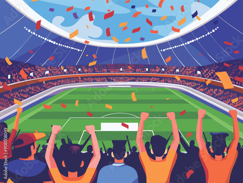 Obraz na płótnie Crowd celebrating goal soccer stadium confetti flying fans cheering game win. Multiethnic group men women excited bright orange blue clothing standing capturing joyful moment huge openair arena w salonie