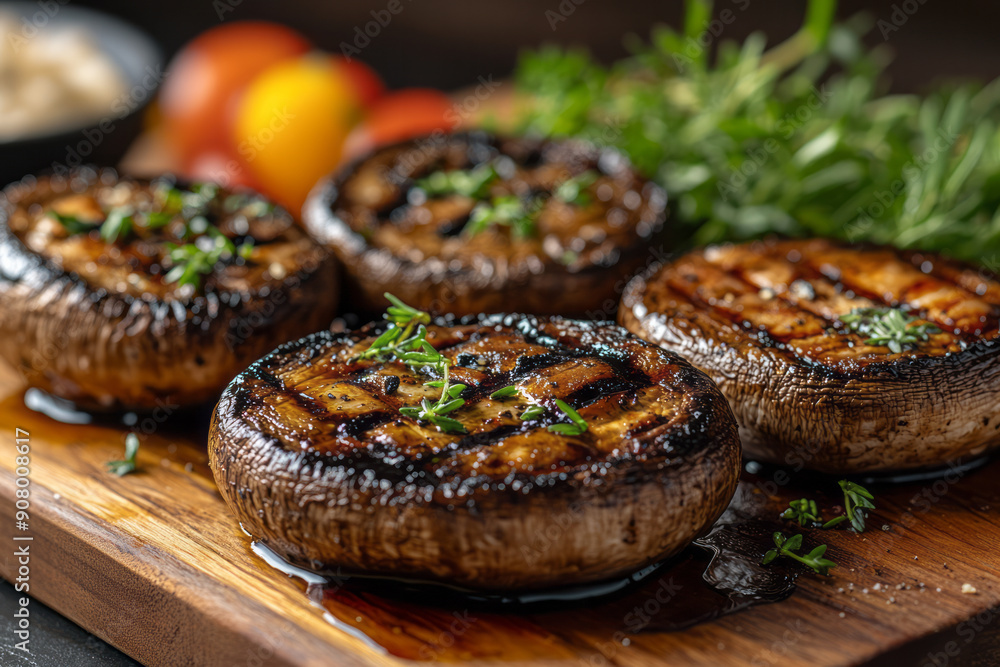 Clean and simple depiction of grilled portobello mushrooms, served with a drizzle of balsamic glaze and fresh greens, Clean and simple depiction of grilled portobello mushrooms, served with a drizzle of balsamic glaze and fresh greens,