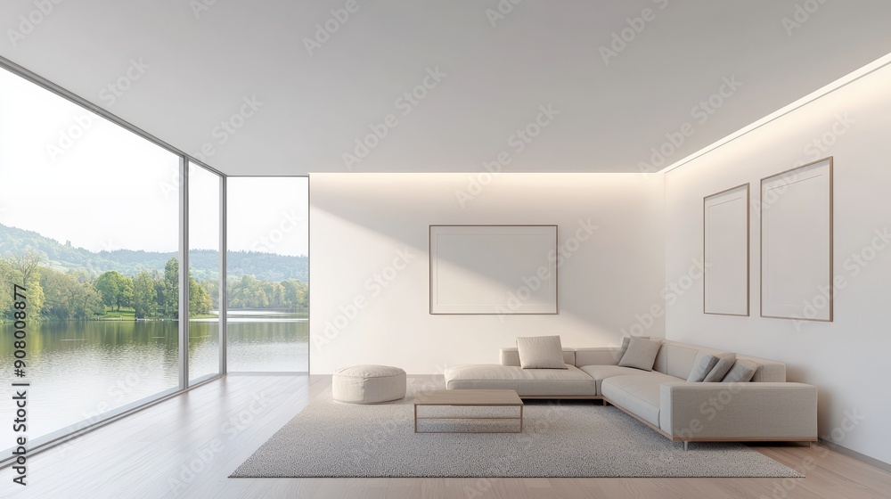 Modern Minimalist Living Room with Lake View and Blank Frames Modern Minimalist Living Room with Lake View and Blank Frames