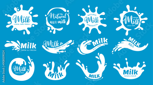 Dairy splashes logo. Cartoon milk emblem stain, drop, blots, round shapes, wave with lettering. Sticker and label for dairy groceries in shop, market. Silhouette milky vector elements.