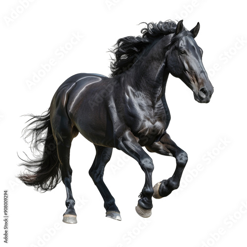 Black stallion running horse isolated on transparent background cutout PNG