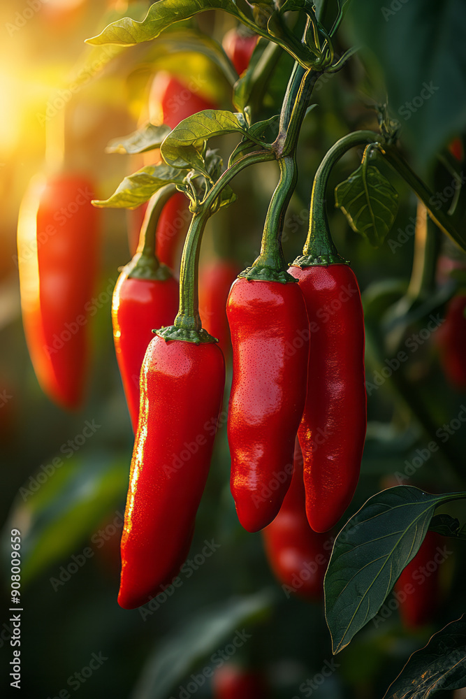 Vibrant depiction of peppers hanging from their stalks, basking in the sunlight,