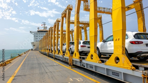 A large ship is being loaded with cars
