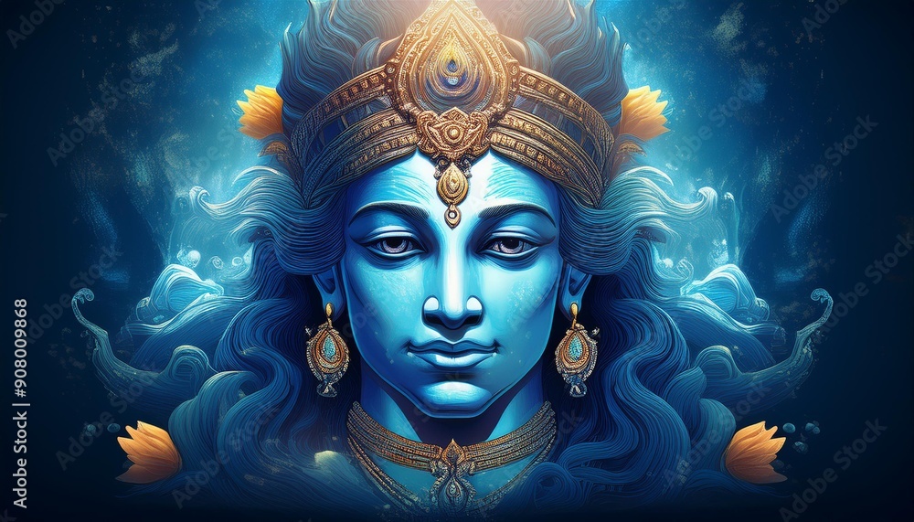 Lord Vishnu is typically depicted with a serene and compassionate expression, his complexion a deep blue symbolizing cosmic depth. His large, lotus-like eyes radiate purity and spiritual insight. Lord Vishnu is typically depicted with a serene and compassionate expression, his complexion a deep blue symbolizing cosmic depth. His large, lotus-like eyes radiate purity and spiritual insight.