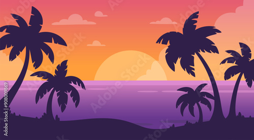 Sunset beach scene. Tropical evening paradise background with seawater, palm trees, sand. Palm silhouette on colorful sky. Evening ocean breeze. Nature summer sunset. Vector concept.