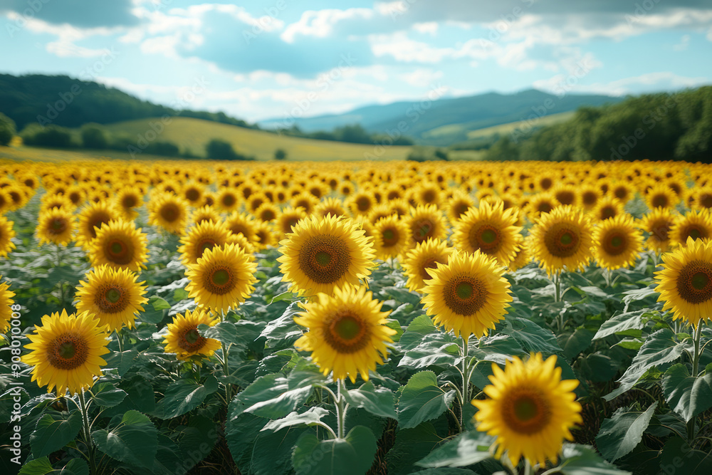 Obraz premium Realistic depiction of a field of sunflowers with their edible seeds, under a radiant sky,