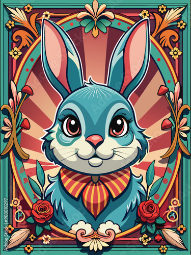 A Blue Rabbit with a Red Bow Tie in a Vintage Frame with Flowers and Mushrooms