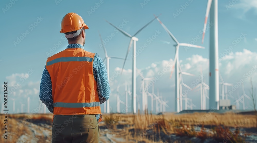 A man in an orange vest stands in front of a field of wind turbines A man in an orange vest stands in front of a field of wind turbines