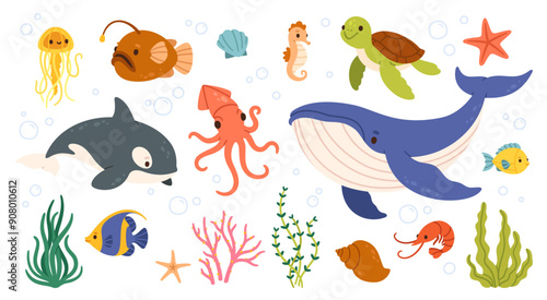 Sea animals. Ocean underwater aqua life. Marine wild animal. Childish tropical colorful fish, coral, algae and exotic elements. Funny whale, starfish, octopus, shrimp. Vector set.