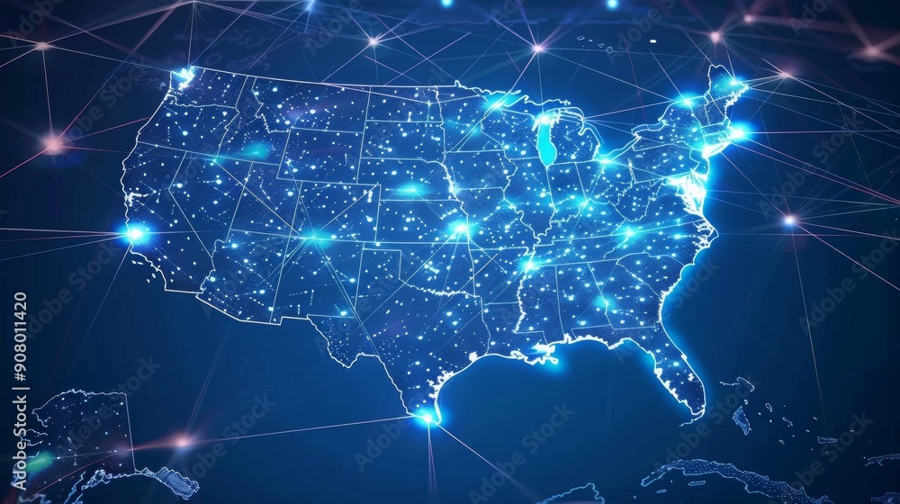 United States map connected by glowing lines. United States map connected by glowing lines.