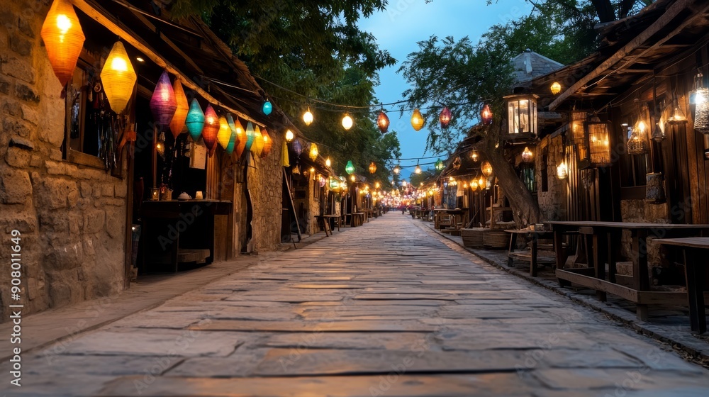 Fototapeta premium Charming Street with Colorful Lanterns at Dusk