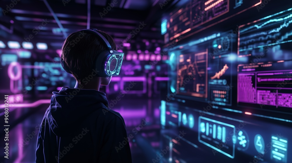 Person immersed in a virtual reality experience with glowing neon data visualizations and HUD elements. Person immersed in a virtual reality experience with glowing neon data visualizations and HUD elements.